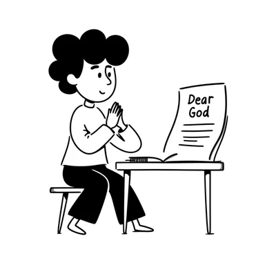 Person with prayer hands next to a paper that clearly shows "Dear God" written at the top of an essay sticker