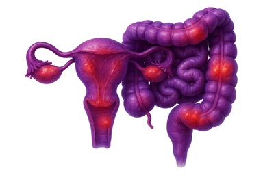 utero umano anatomico iperrealistico e intestino umano anatomico iperrealistico hanno in comune il dolore e l'infiammazione, rendi bene il collegamento tra i due organi doloranti, falla iperrealistica, non disegnata, fai colori che si adattano a questo viola #971ef1 sticker