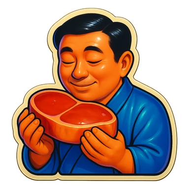 A Japanese man in traditional kimono with a loving look holds a steak in his hands, preparing to eat it sticker