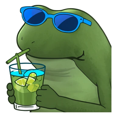 Bufo frog with blue sunglasses, sipping a green cocktail, in bufo style, transparent background sticker