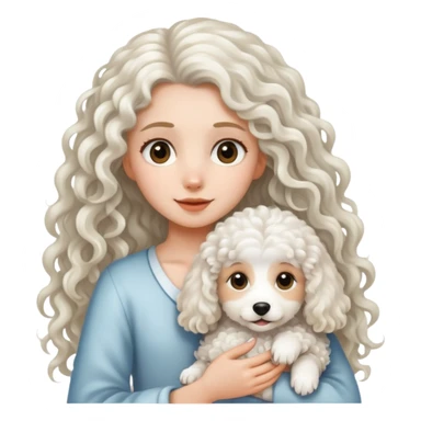 Long-haired girl holding a white curly haired dog sticker