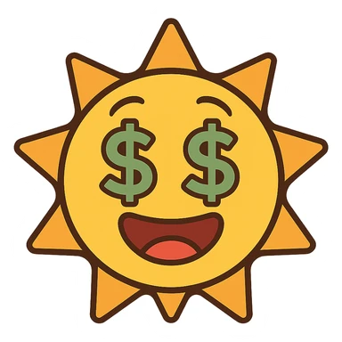 bright shining sun emoji with dollar signs, flat modern style, bright saturated colors with greens, golds, reds, yellows, minimal but expressive, universal look sticker