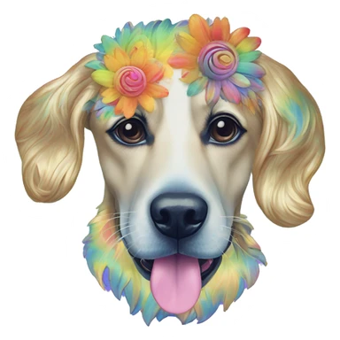 Multicolored rainbow retro groovy tie dye hippie trippy floral patterns on a metallic holographic iridescent blue dog face head unicorn sticker