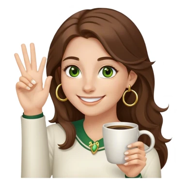 Long, Brown haired girl with middle hair part, green eyes, gold hoop nose ring, smiling, waving with one hand, coffee mug in the other sticker