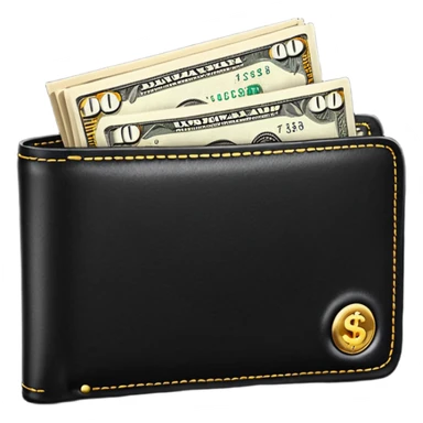 Rich emoji style black leather wallet with dollar bills, luxury money vibe, premium 3D emoji, ultra clean, high detail, no background sticker