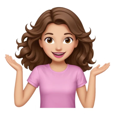 girl with wavy long brown hair, brown eyes, light to medium complexion, long lashes, light pink lipstick, smiling, wearing light pink shirt, dancing sticker