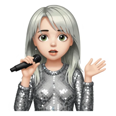 billie eilish is singing, holding mirco and twinkle dresss sticker