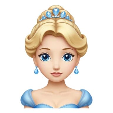  "Cinematic Adorable Elegant Cinderella Portrait Emoji, Head tilted gracefully with sparkling blue eyes, delicate fair skin, and elegantly styled golden-blonde hair in a soft updo, wearing her signature shimmering blue ball gown (chest and above). Simplified yet regal features, highly detailed, glowing with a soft, enchanting radiance, high shine, serene and graceful, stylized with a touch of fairy-tale elegance, bright and endearing, soft glowing outline, capturing the essence of a timeless princess, so magical it feels like she could waltz into a dream!" sticker