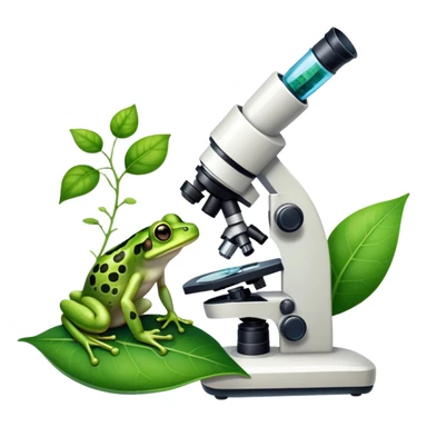 An icon featuring a DNA strand, a microscope with visible cells, and a green leaf, symbolizing biology. The design includes animal cells, plant structures, and a frog, representing the study of living organisms and ecosystems. Transparent background highlights life sciences and biological research. sticker