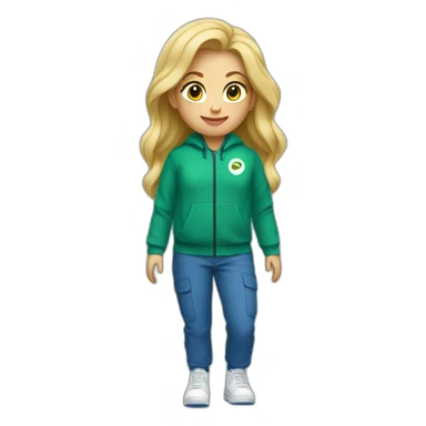 Een meisje met blond haar een groene trui en een blauwe cargo broek en witte nike sticker