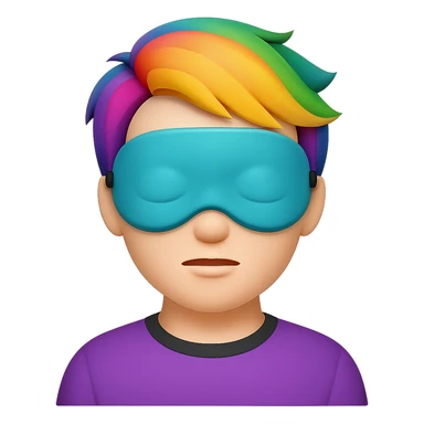 Apple emoji style man with a sleep eye mask fully covering his eyes, colorful hair, no pillow, no background sticker
