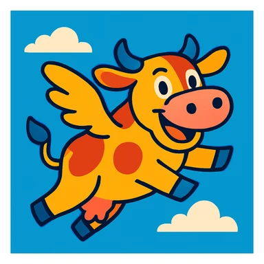 a flying cow, vibrant cartoon style, blue sky background sticker