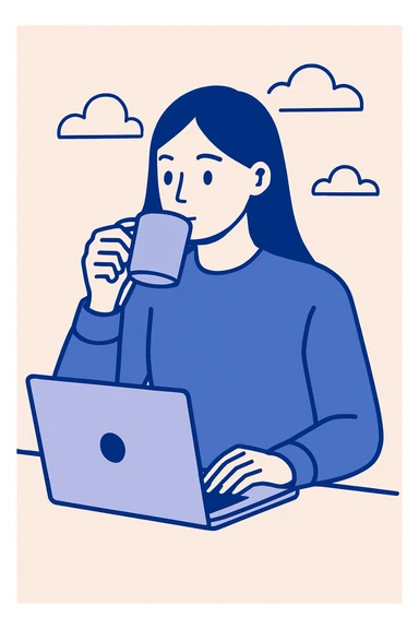 young 20-year-old woman with long straight brown hair, wearing a sweater, drinking coffee and working on a laptop, flat minimalist style, white background sticker