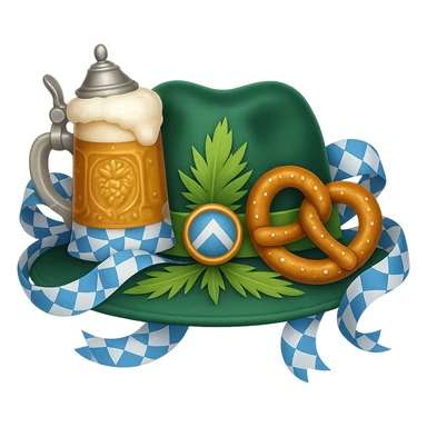 Add Oktoberfest props including a beer stein, pretzel, and blue-and-white decorations to the image. Keep the background transparent. The style should be consistent with the original image. sticker