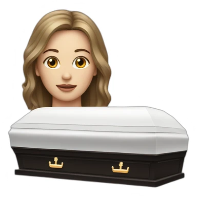 white brunette head next to a coffin sticker