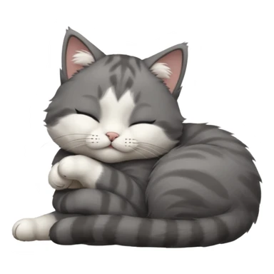 dark grey and white small cat with closed eyes, leaning his head on his paw while leaning on his elbow lying down sticker
