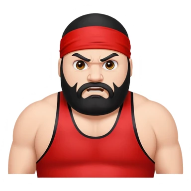 White skin fat guy with prominent black durag, black beard, black eyes in a red and black wrestling singlet with angry face sticker