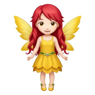 fairy with long red hair, yellow wings, yellow dress, happy, chibi full body sticker