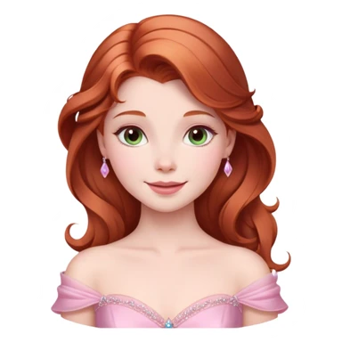 Cinematic Radiant Sleeping Beauty Portrait Emoji, rendered in a realistic, vector style with clean proportions. Show Aurora with a gentle smile, porcelain skin, and beautifully styled auburn hair, wearing her classic pink gown. The image glows with a soft, inviting radiance and high shine, accentuated by a soft glowing outline that enhances her graceful charm. sticker