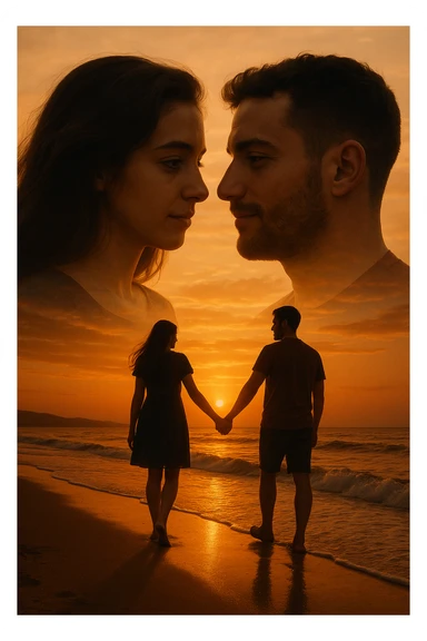Una doppia esposizione cinematografica di noi di profilo, con un paesaggio di spiaggia al tramonto integrato nella silhouette.
La scena interna ci mostra entrambi camminare sulla sabbia bagnata, tenendoci per mano, con le onde del mare che si infrangono è facile e un cielo colorato dagli ultimi raggi di sole. Atmosfera calda e intima, toni dorati arancioni, dettagli fini ed espressivi, risoluzione 8K. sticker