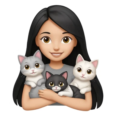 a pretty tan bratz girl with black long straight hair, wearing a grey tshirt smiling and holding 3 white cat\ sticker