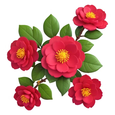 Detailed camellia japonica (tsubaki) flower with rich red formal double form petals, yellow stamens and shiny evergreen leaves sticker
