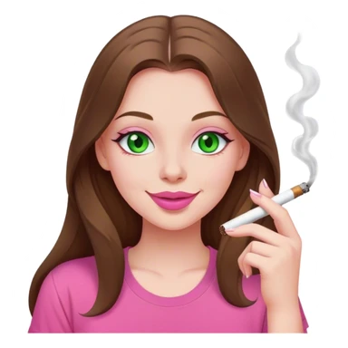 mid sized white skinned girl with green eyes and long brown hair smoking a white joint smiling in a pink t-shirt with pink lips sticker