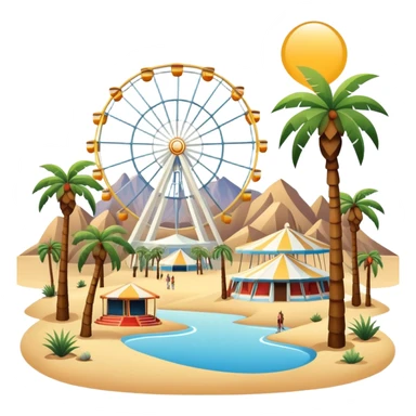 Coachella music festival with palm trees, ferris wheel, and concert stage in the desert sticker