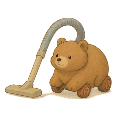 full-body soft brown pastel bear, vacuum cleaner design, tiny paw wheels, rolling adorably sticker