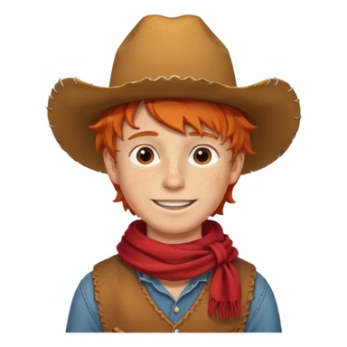 a wavy orange hair boy wearing a cowboy hat with a mischievous grin and freckles with western red scarf on his neck sticker