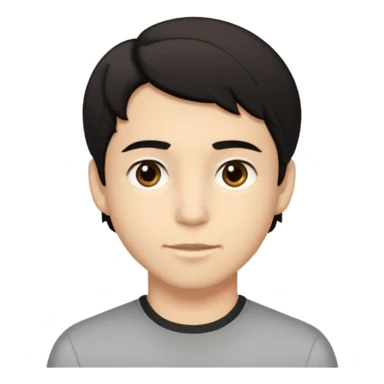 A young man with light skin tone, short wavy black hair parted to the side, large brown eyes, and a neutral expression with a small closed-mouth smile. sticker