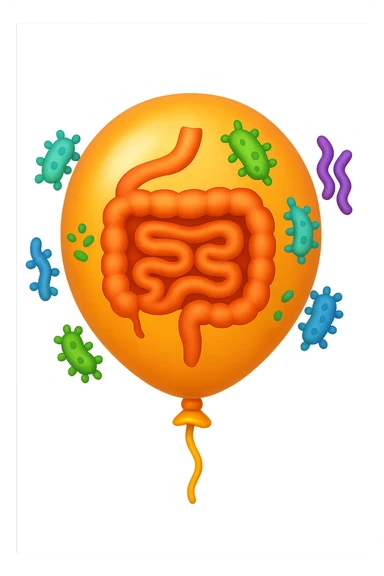 emoji stile iphone di un palloncino con intestino dentro e batteri intestinali intorno sticker