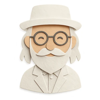 old man with a white hat, slightly long white beard, white moustache, round glasses, white suit, white longish hair, paper craft style sticker