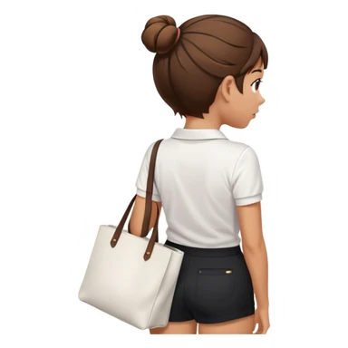 girl back view white polo black shorts brown hair in a bun white totebag sticker