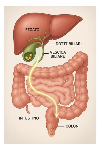 A realistic, educational medical illustration showing the human digestive tract focusing on the liver, gallbladder, bile ducts, and intestines. The gallbladder is depicted with small gallstones inside. A soft glowing arrow indicates the flow of bile and small stones moving naturally from the gallbladder through the bile ducts into the intestines. In the colon, small softened gallstones are shown being prepared for elimination, symbolizing their removal through bowel movements. The style is clean, precise, and clear with soft anatomical colors (greens, soft reds, and yellows) and faint glowing arrows to illustrate the process. The background is a subtle neutral gradient to keep the focus on the organs and the pathway. The image conveys the concept of natural gallstone elimination through the intestines via the stool in a clear, non-graphic, and educational way in italiano sticker