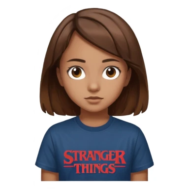 Girl with brown hair and brown eyes with Stranger Things t-shirt sticker