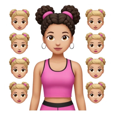 Faça um emoji personalizável estilo Apple menina  igual essa d foto com roupas clara , blusa esportiva rosa e por baixo uma blusa branca calça leg preta  cabelo coque  4c crespo  , faça um pack de emojis com ela fazendo situações clean girl igual os do pinterest  sticker