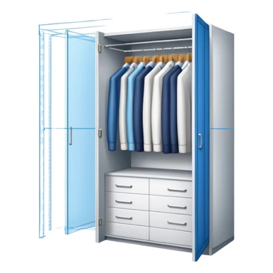 Professional emoji for Furniture Design: a close-up of a 3D wardrobe on top of a blueprint, with a measuring tape beside it. The icon should represent the detailed design and measurement process in furniture design. Transparent background. sticker