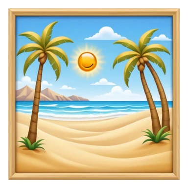 Cinematic Realistic Beach Emoji in a wooden frame, Sunny and bright, with soft golden sand stretching as far as the eye can see, gently lapping waves crashing onto the shore, and a clear, blue sky above. Palm trees sway in the warm breeze, crystal clear water of the waves on the landscape. Soft glowing outline, capturing the essence of a relaxed, joyful beach day filled with sun, sand, and surf! sticker