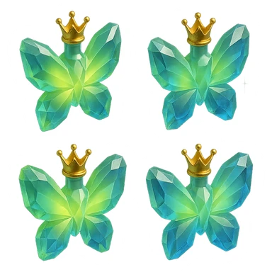 crystal luxurious butterfly-shaped bottle with a short neck and princess crown, many facets, glowing, light refractions, green (#c0ff53) and blue colors, golden details, magical effects, floating in air, transparent background, no base or shadow sticker