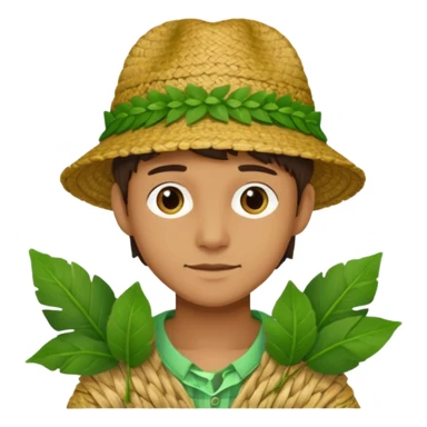 Adam, wearing a handmade hat woven from fresh green leaves, white background sticker