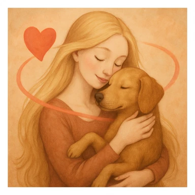 A pretty woman with pale skin and very long blonde hair holding a dog, with a heart spinning around her. sticker