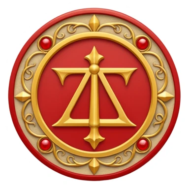 a circular casting sigil inspired by the wizard101 balance school using base color sand and trim color red. A golden scale in the middle as a focus  sticker