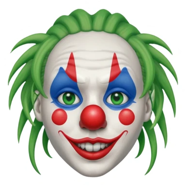 White face clown, with green dreadlocks, red lips, red ball nose, and blue eye paint sticker