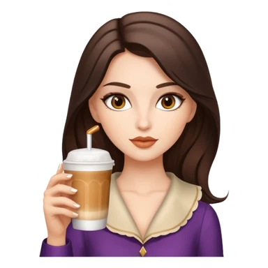 white brunette with brown eyes and a coquette outfit, drrinking caramel machiatto sticker