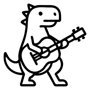 dinosaur playing guitar, minimalist black outline icon style, no fill, simple lines sticker