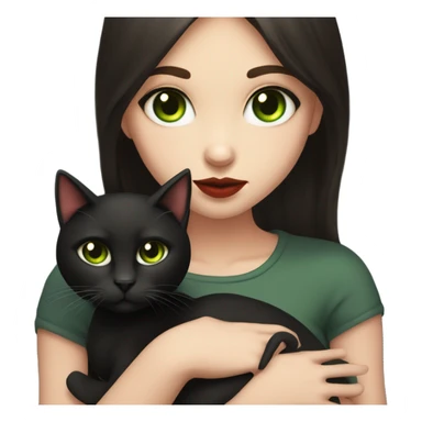 A teenage girl with white skin, she have some green hazel eyes, red lipstick, mid long straight dark brown hair, she have an eyeliner and she is holding a black cat in her arms, view from close sticker