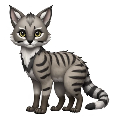 Cute kawaii cool edgy badass  ashen grey fur with smoky charcoal ombré fade fantasy-caracal-civet-genet-sergal-vernid-Gryphon-Cacomistle-Trico-oncilla-animal-Fakémon-hybrid-fursona (full body), facial markings, (realism style) sticker