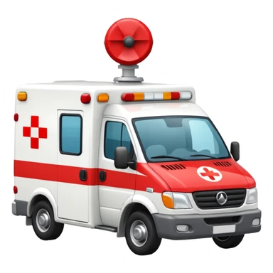 A modern white-and-red ambulance van with flashing rooftop siren.
 sticker