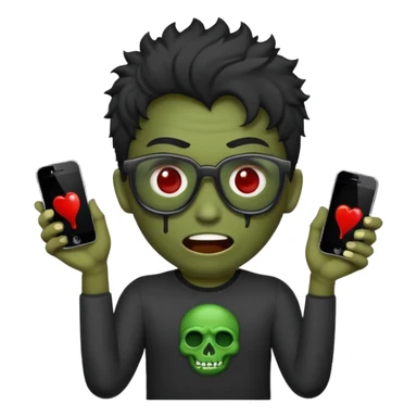 Crie um zumbi com sangue estilo emoji do iPhone com cabelo ondulado grande preto com camiseta preta e óculos de grau preto sticker